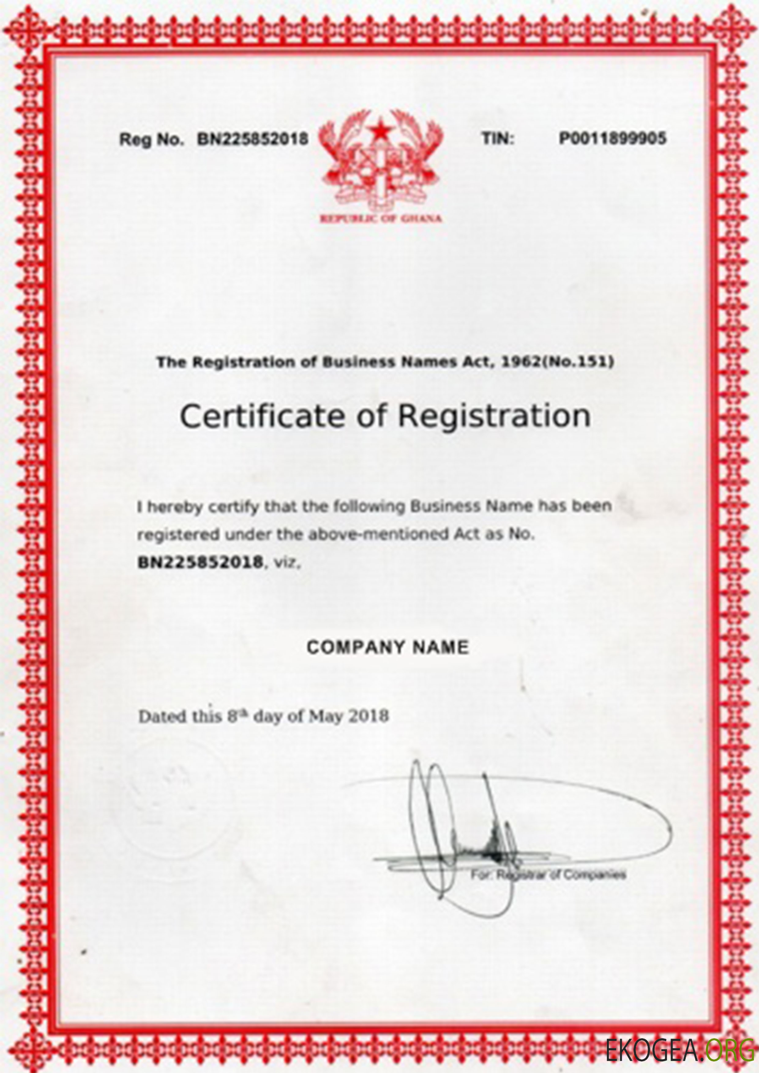 Certificat d'enregistrement du Ghana